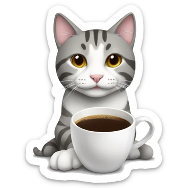 Grey and white tabby cat drinking coffee sticker