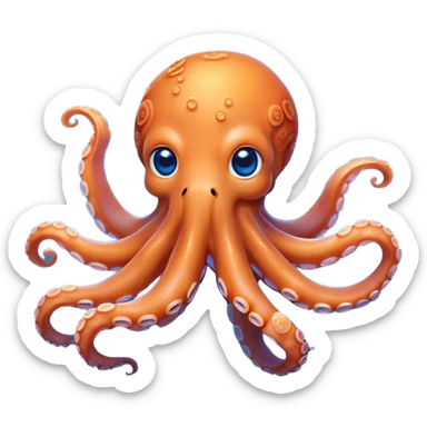 Cinematic Cute Octopus Portrait Emoji, Head tilted playfully and inquisitively, featuring a rounded, light orange body embellished with playful blue rings, eight adorably curling arms, and big, twinkling eyes full of wonder, Simplified yet irresistibly adorable features, highly detailed, glowing with a warm, inviting underwater glow, high shine, affectionate and lively, stylized with a touch of whimsical cartoon charm, soft glowing outline, capturing the essence of a mischievous yet loving octopus that seems as if it could bob out of the screen into your arms! sticker