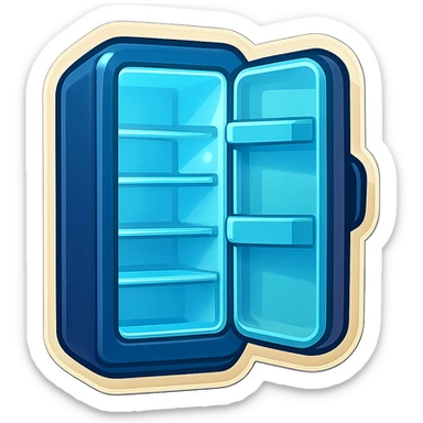 Open modern refrigerator with door slightly ajar, soft blue light glowing from inside, simple shelf shapes, no food details, rounded vector style, clean and minimal, sticker-like. sticker