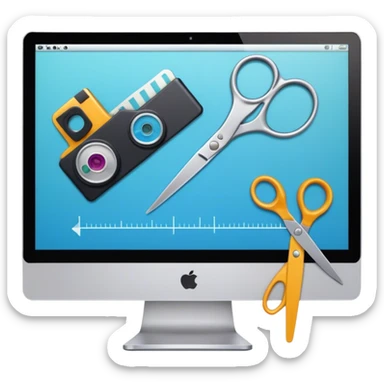 Create an emoji for video editing. Show a computer screen with a video timeline, clips, and editing tools (e.g., scissors). Add a video camera. Use modern, professional colors. Do not include any emojis or smiley faces. Make the background transparent sticker