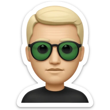 3D memoji-style emoji like Apple Memoji, male character wearing black sunglasses, smooth rounded face, minimalist design, inspired by The Matrix movie, subtle green matrix glow, dark background, cinematic lighting, high quality. sticker