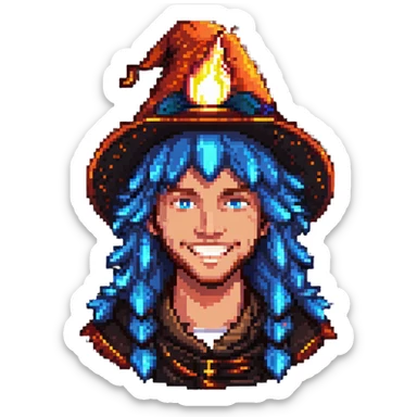 A cool guy with light skin, blue eyes, long hair, smiling, with a fire magic hat sticker