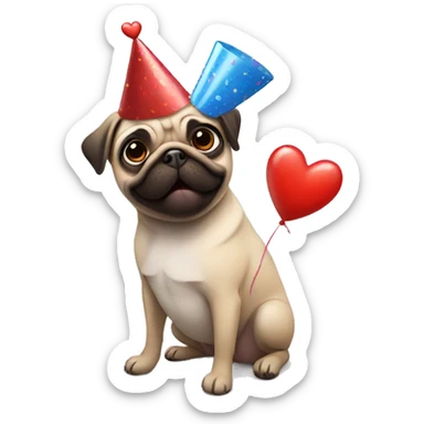Pug wearing a birthday hat holding a heart  sticker