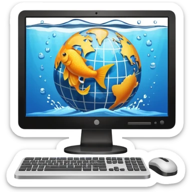 desktop computer with globe and splash in background and fish  sticker