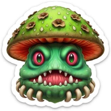 poisonous mushroom beast portrait, head and shoulders only, creature made mostly of mushroom flesh, thick mushroom cap head, layered fungal textures, toxic green spore glow, animal-like eyes, fantasy monster pet vibe, 3D cartoon, mobile game icon style, clean background, no text, no watermark

 sticker