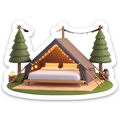 glamping luxury tent with string lights and comfortable bed sticker