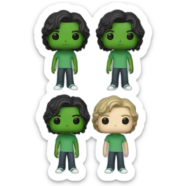 Young 18 years old boy, white skin , black hair, green eyes, long surfer hair, as a funko pop full fbody sticker