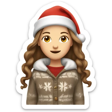 White girl with long brown hair wearing a santa hat and sweater sticker