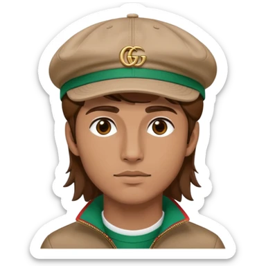 man with medium-length brown hair, wearing a Gucci cap sticker