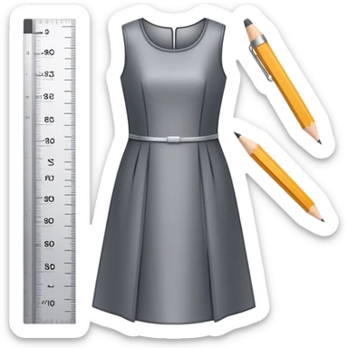 Icon for Fashion Design: a dress pattern with measurements, a ruler and a pencil. The icon should represent the process of designing clothing with a focus on precision and tailoring. Transparent background. sticker