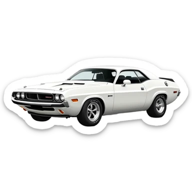Pure white 1971 Dodge Challenger muscle car, completely white paint, no stripes, side angle view, minimalist Apple iOS emoji style, classic car from Death Proof movie sticker
