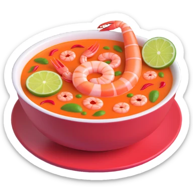 tom yum soup, 3D emoji style, glossy bowl with visible shrimp, chili, and lime, cute and inviting sticker