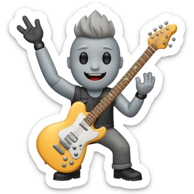 a rock with a happy face that is holding up a rock and roll hand and an electric guitar sticker