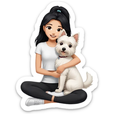 A girl with long black hair in a white crop top and black legging,she is smiling and hugging a west highland terrier with big ears  sticker