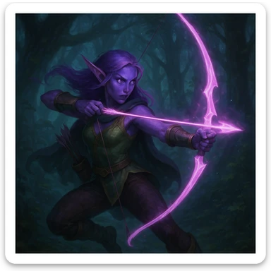 purple fantasy elf archer, dynamic pose, glowing bow, mystical forest background sticker