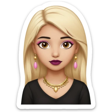 Sweet Indian girl blonde hair darkbrow eyes brown lipstick, pink blush, black top gold earrings, brown eyebrows gold eyeshadow  sticker