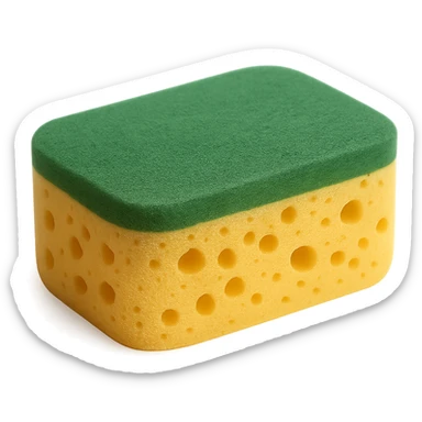 Show only one rectangular kitchen sponge with rounded edges. Dual-layer: soft, porous yellow base and green scrub layer on top. Texture is slightly springy and detailed, with tiny holes and surface grain. No soap, water, hands, or background elements, no faces. Clean, natural 3D rendering, soft lighting, subtle shadows, transparent background, emoji scale, optimized for clarity, texture, and recognizability at small size. The style should be clean and natural 3D rendering with soft lighting and subtle shadows, optimized for emoji scale. sticker