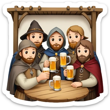 medieval pilgrims with cloaks drinking beer at a tavern sticker