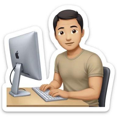 Asian male, 45, hacking away at a computer, a bit tired, a bit exhausted, but happy sticker