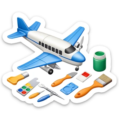 photorealistic icon featuring model-building tools like glue, paint, paintbrushes, pieces of a plastic model airplane in the process of being assembled. The design includes detailed textures of the model pieces and tools, capturing the focus and creativity of model building. Transparent background. sticker