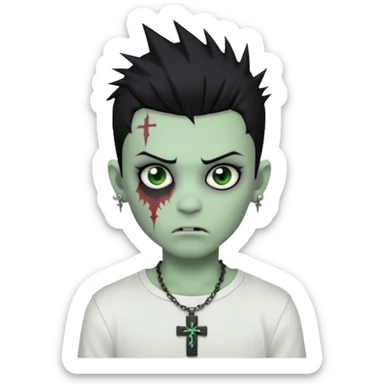 zombie boy with spiky emo black hair and white shirt , tattos, a risk on the eyebrow, earings,  a necklace with a cross, green skin emoji  sticker