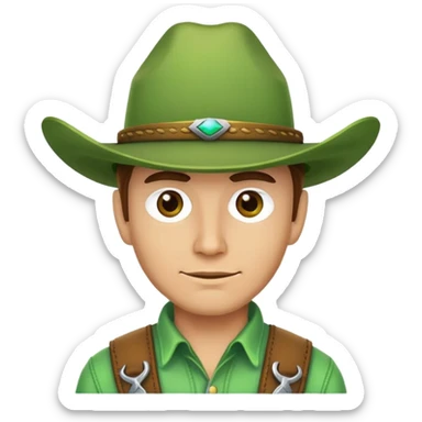 Cowboy face with a bright green cowboy hat sticker
