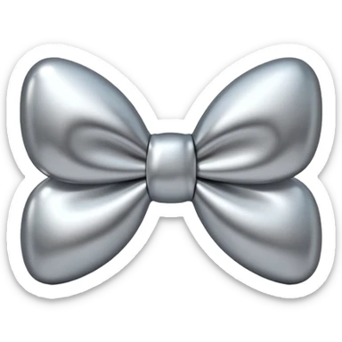 A cute bow emoji made of polished silver chrome, smooth rounded loops, glossy metallic surface, soft mirror reflections, subtle highlights, minimal and adorable proportions, iOS emoji style, centered composition, clean white background, soft studio lighting, no text, no outline, ultra high quality sticker