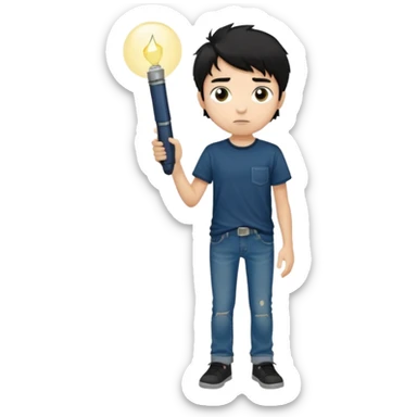  > 15-year-old boy, 165 cm tall, slim build, light tan skin, messy black hair, dark brown eyes with dark circles, wearing a dark t-shirt and faded jeans, holding a small flashlight, expression of curiosity mixed with fear, dim and foggy background, realistic style. sticker