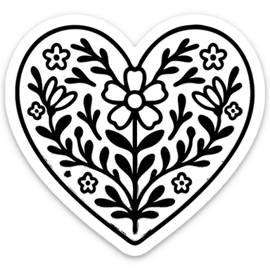 Red heart with a simple Scandinavian folk art motif in bright folk colors, black outlines around the motif, gold border around the heart, transparent background. Motif is bold and clear for small sizes. sticker