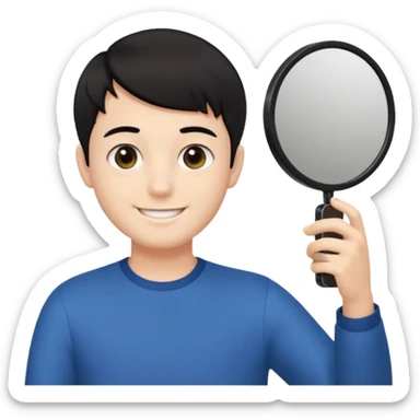 generate a pretty bratz fair skinned boy with short black hair taking a mirror selfie sticker