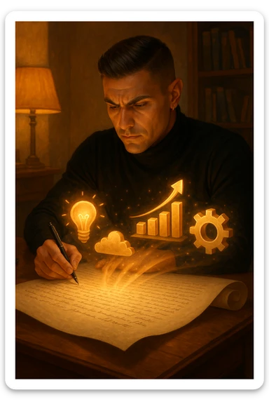 Un uomo concentrato, seduto alla sua scrivania in una stanza con luce calda, sta scrivendo su un enorme foglio di carta che si espande magicamente davanti a lui. Mentre scrive, le parole si trasformano in elementi visivi tridimensionali che rappresentano le soluzioni ai suoi problemi in italiano sticker