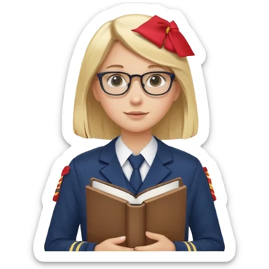 Girl student wearing uniform, glasses, hold book in front of their chest, blonde long straight hair, white skin sticker