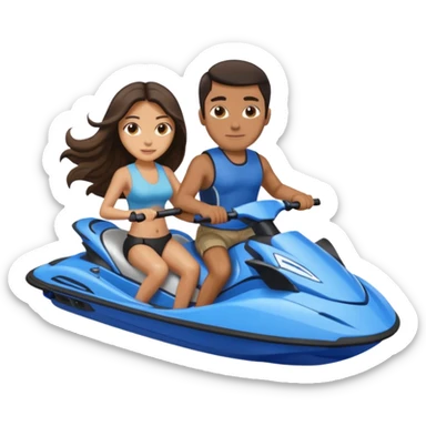 Dark tan male dark hair & light tan female long dark hair on a blue jet ski no sunglasses sticker