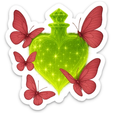 Refine the glow so it stays close to the bottle and butterflies, making it look magical and luxurious but not spreading far outside the bottle. The glow should enhance the crystal and liquid effect, avoiding any harsh or messy edges behind the bottle. Keep the crystal neck, #c0ff53 liquid, pink butterflies, magical dust, and transparent background (PNG). sticker