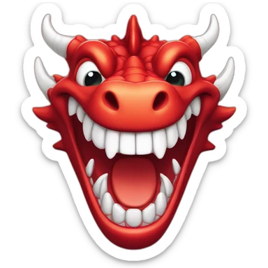 Crazy Happy funny red dragon head with human white teeth and beautiful smile sticker