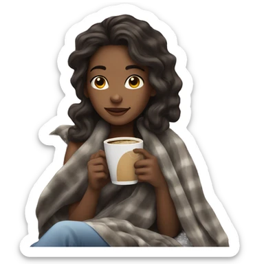 Girl drinking coffee with dark brown hair with slightly little wave and curl to her hair, a blanket around her sticker