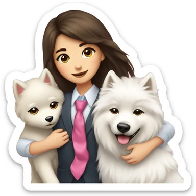 Brunette pale girl hugging a Samoyed with a tie and another Samoyed with a pink bow sticker