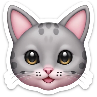 Cute emoji of a small gray cat with black spots, big shiny kawaii eyes, tiny pink nose, and a sweet smiling expression. Minimalist design, clean vector style, high resolution, soft pastel colors, with a transparent background. sticker