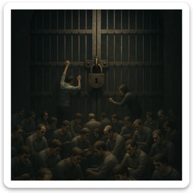 A crowd in front of a huge locked iron gate symbolizing limitation or illness. Most people are sitting, bored or indifferent, while two try to open or understand the gate. Dramatic lighting on the two, others in muted tones. Conceptual, symbolic, cinematic, hyperrealistic 4K. sticker