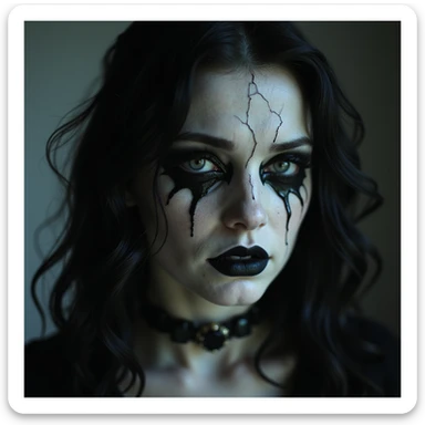realistic horror portrait of a beautiful scary woman with pale skin, black tears, cracked porcelain effect, gothic jewelry, dramatic lighting sticker