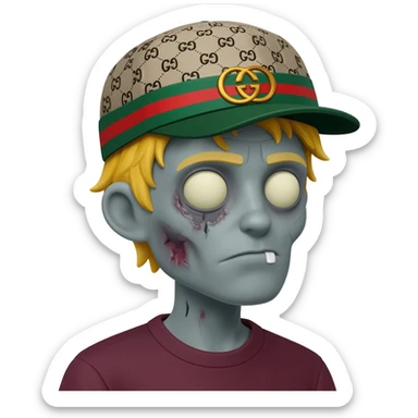 cor de pele cinza, zumbi com o cabelo loiro e um boné da gucci virado de lado sticker