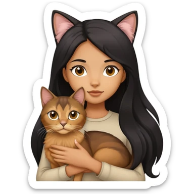 The girl with long black hair holding a Abyssinian cat sticker