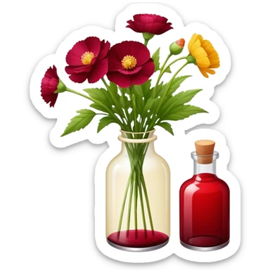 aesthetic bow in Cream red , Deep Red color glass bottle and in it a beautiful bouquet of Amaranth Chinese buttercup  sticker