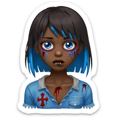 zombie emoji 🧟‍♀️ dark hair long her shoulders bangs emo and ragged haircut blue eyes sticker
