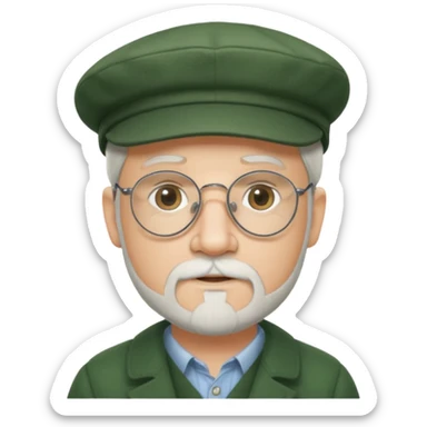 Older cute white male, Irish flat cap, wire rim glasses, goatee sticker
