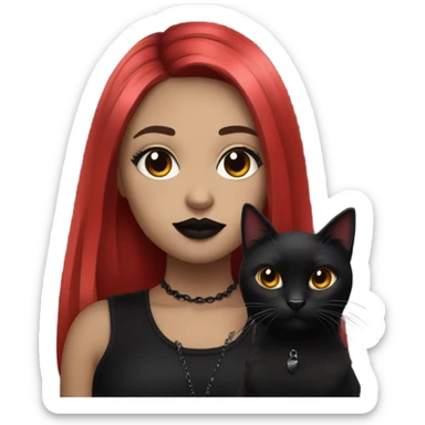 goth girl with hair that goes ombré red to black and red lipstick holding a black cat sticker