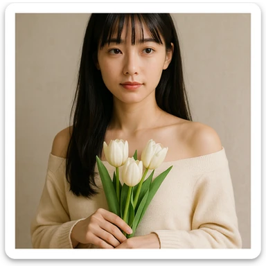 a girl with long black hair, thin bangs, and black eyes, in a cream off-shoulder sweater, holding a bouquet of white tulips, standing in a relaxed pose sticker