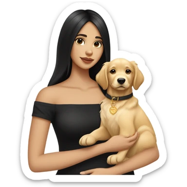 girl with a porcelain fair skin tone and long straight black hair with a small face wearing an off shoulder black shirt, while holding her golden retriever puppy  sticker