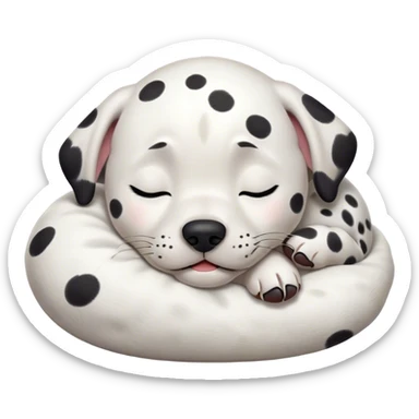 Cinematic Meme-Worthy cute Sleeping Dalmatian Portrait Emoji, Head resting peacefully with a contented smile, showcasing a delightfully cute build and a luxuriously soft white coat with bold black spots, eyes shut in a serene nap, Simplified yet hilariously adorable features, highly detailed, glowing with a soft, drowsy light, high shine, relaxed and utterly lovable, stylized with an air of playful laziness, bright and heartwarming, soft glowing outline, capturing the essence of a comically sleepy Dalmatian, so meme-worthy it feels like it could instantly become the next viral sensation of adorable slumber! sticker