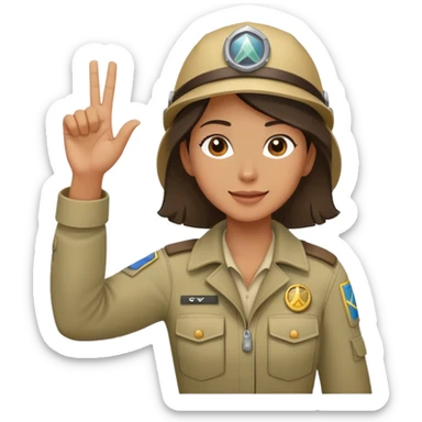 female explorer raising her hand as she celebrates a win sticker